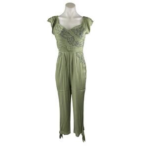 Free People In The Moment Green Floral Embroidered Off The Shoulder Jumpsuit 2